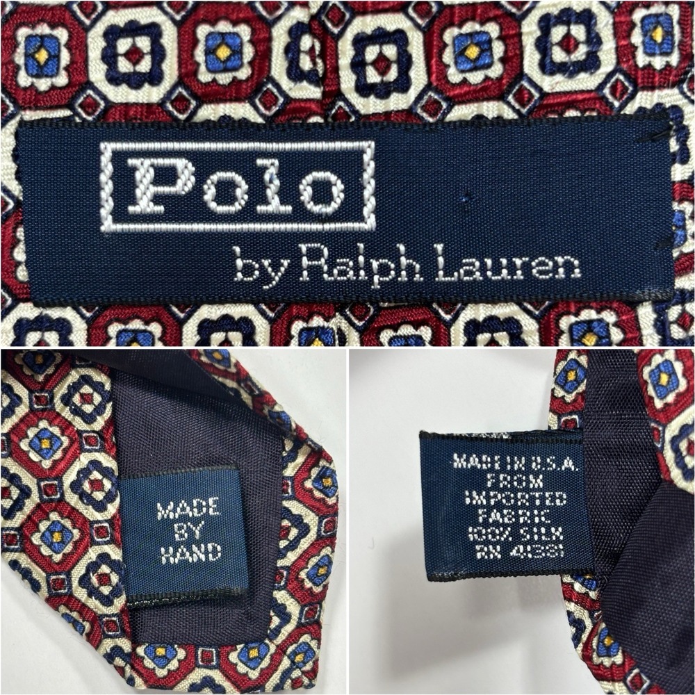 Polo Ralph Lauren Tie Maroon Red Silk Hand Made Geometric Preppy Vintage USA 90s - Picture 7 of 8